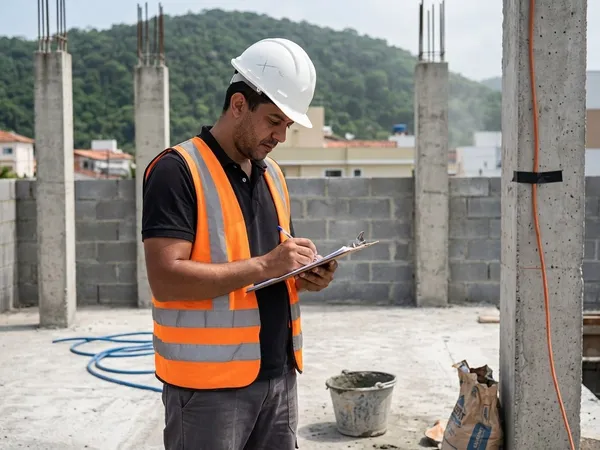 Engenheiro fiscal conferindo execução de obra com prancheta técnica · AM&D Engenharia