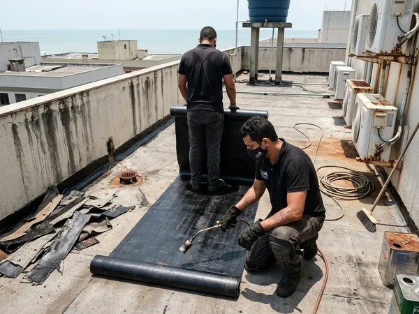 Aplicação de manta asfáltica em cobertura de edifício litorâneo · AM&D Engenharia