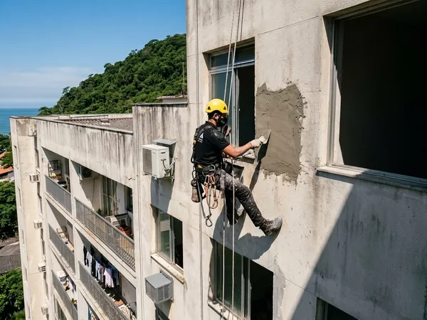 Trabalho em altura na recuperação de fachada de edifício litorâneo · AM&D Engenharia