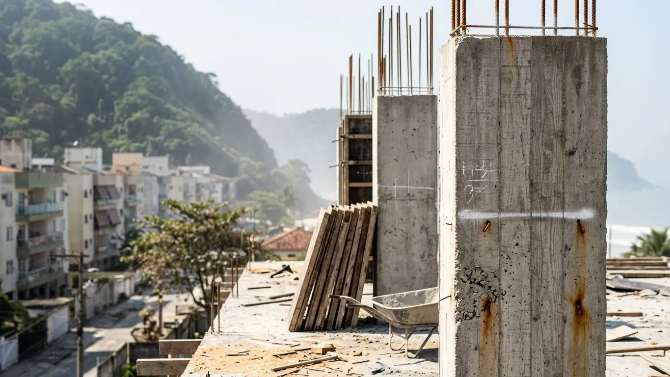 Detalhe de pilar de concreto armado em obra sob fiscalização técnica · AM&D Engenharia