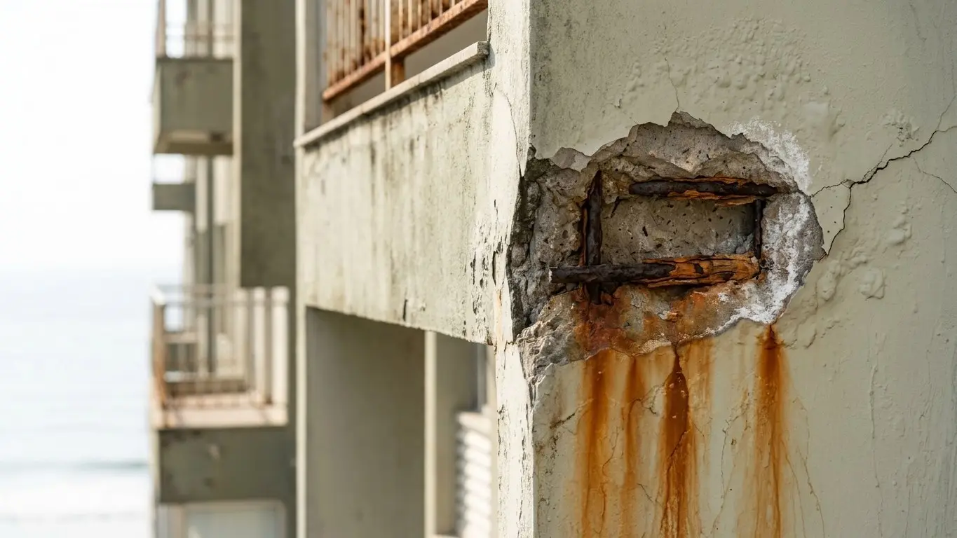Corrosão de armadura exposta em fachada litorânea por ação da maresia · AM&D Engenharia