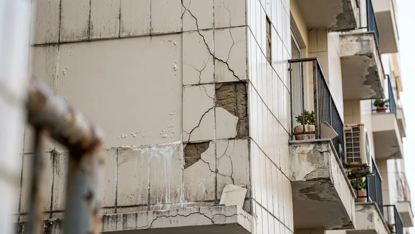Descolamento de revestimento cerâmico em fachada de edifício · AM&D Engenharia
